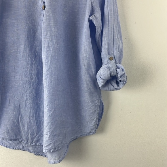 Sigrid Olsen Blue 100% Linen Popover Roll Tab Sleeves Beachy Coastal Top Size M - Picture 10 of 13